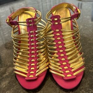- Sexy 4 inch heels Ralph Lauren pink suede gold straps new without tags 8…